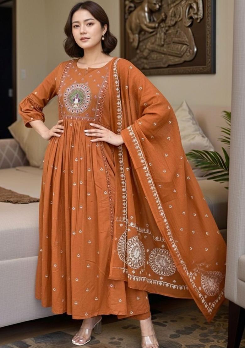 Orange Embroidered Viscose Kurta Set - Indya