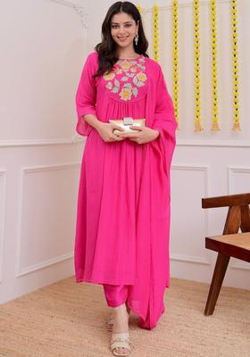 Magenta Embroidered Silk Kurta Set