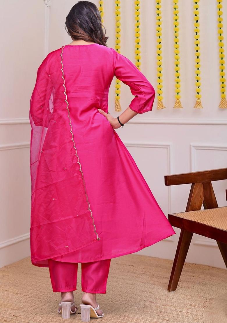 Magenta Embroidered Silk Kurta Set - Indya