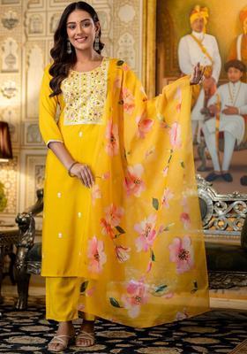Yellow Embroidered Viscose Kurta Set