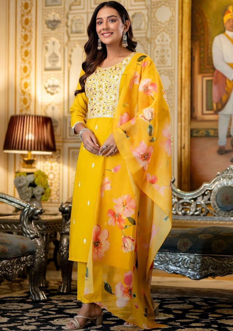 Yellow Embroidered Viscose Kurta Set - Indya