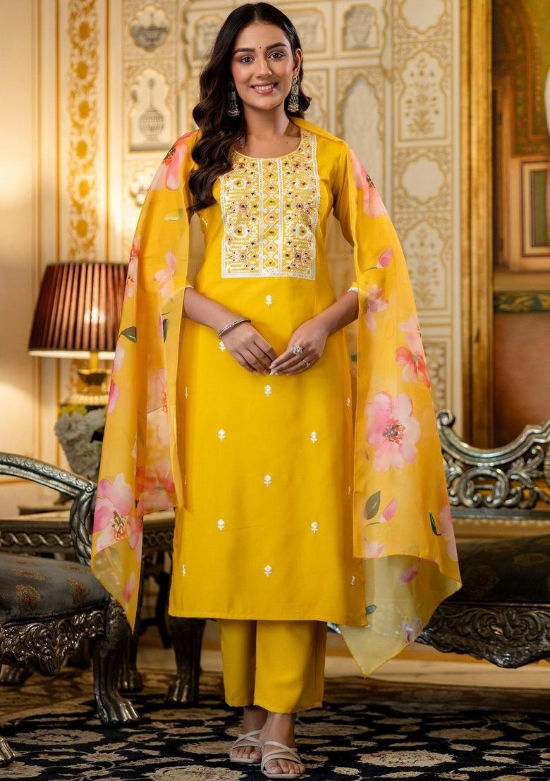Yellow Embroidered Viscose Kurta Set - Indya