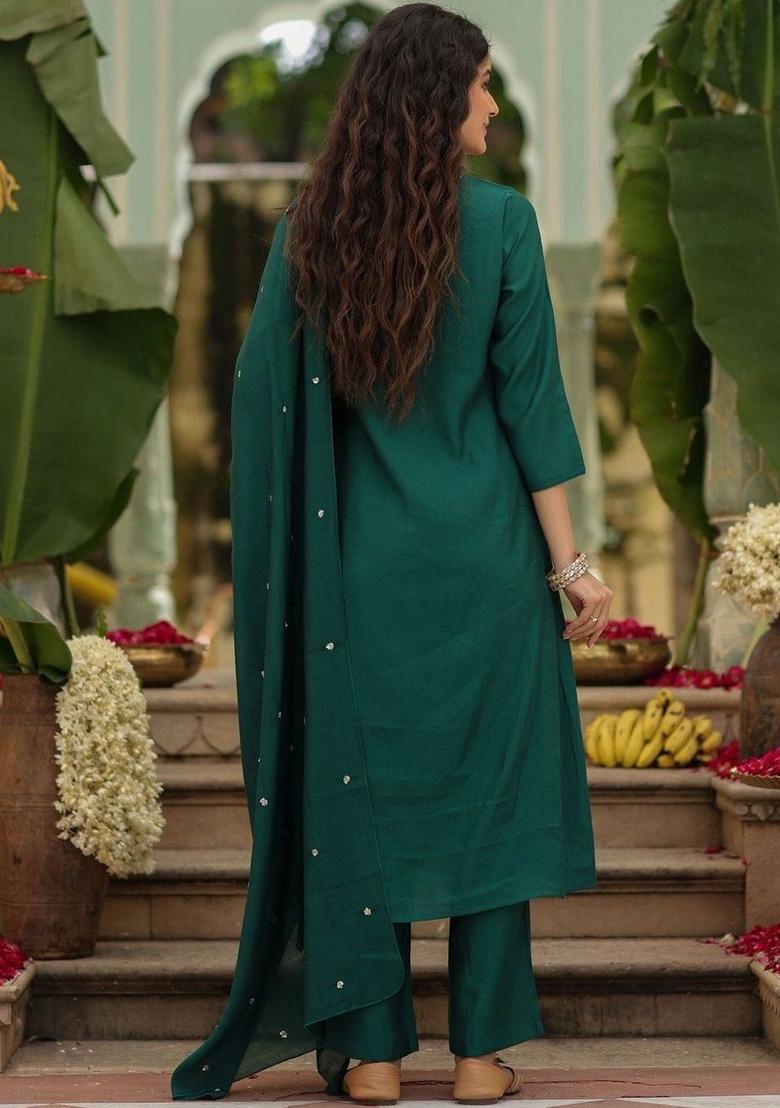 Green Embroidered Viscose Kurta Set - Indya