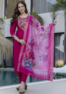 Magenta Embroidered Silk Kurta Set