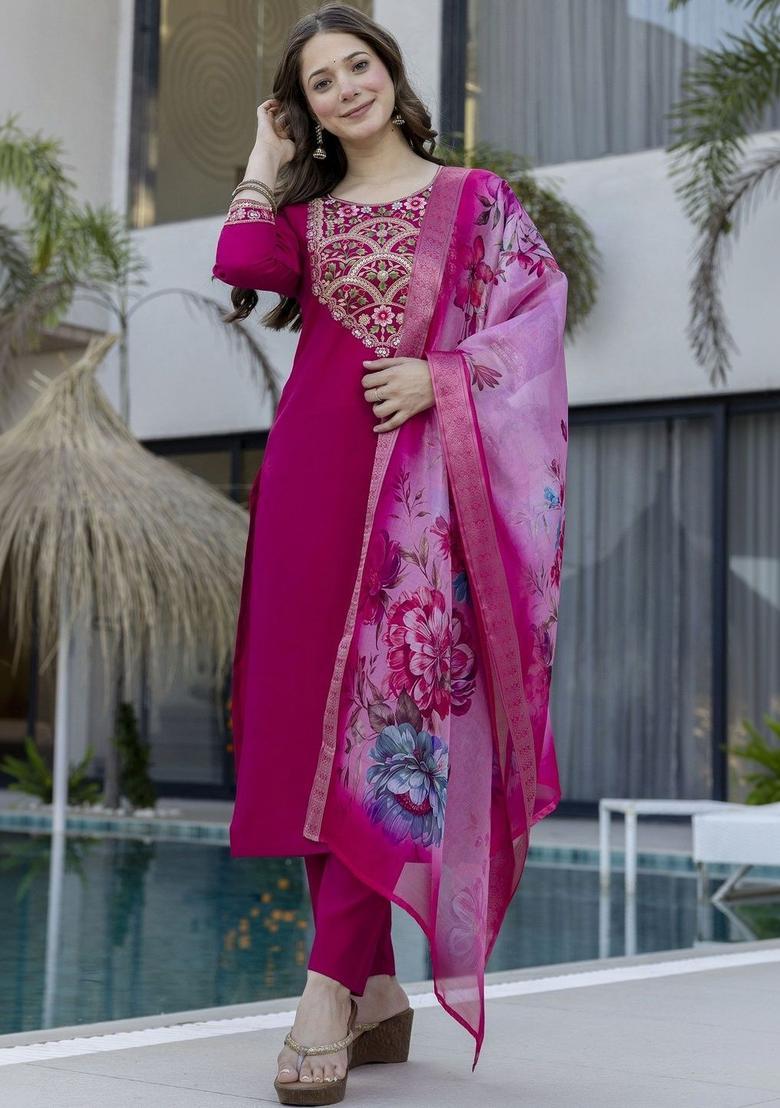 Magenta Embroidered Silk Kurta Set - Indya