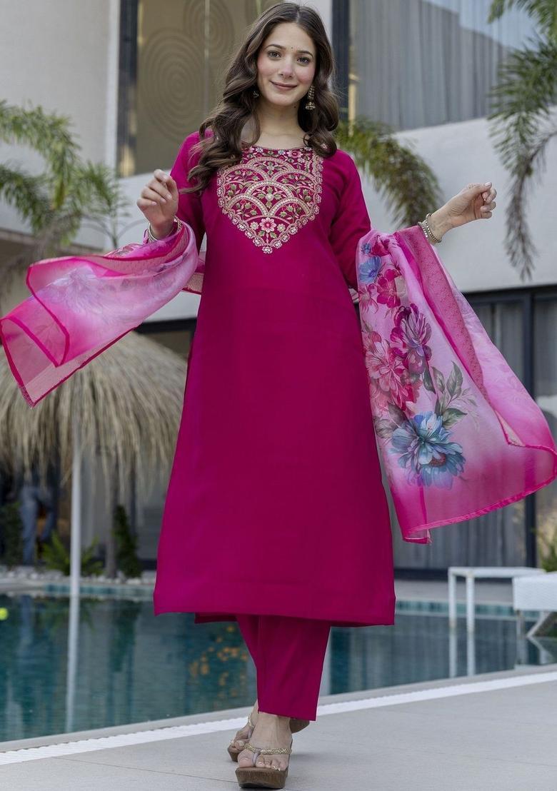 Magenta Embroidered Silk Kurta Set - Indya