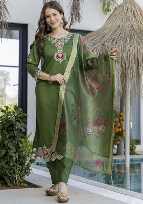 Olive Embroidered Silk Kurta Set