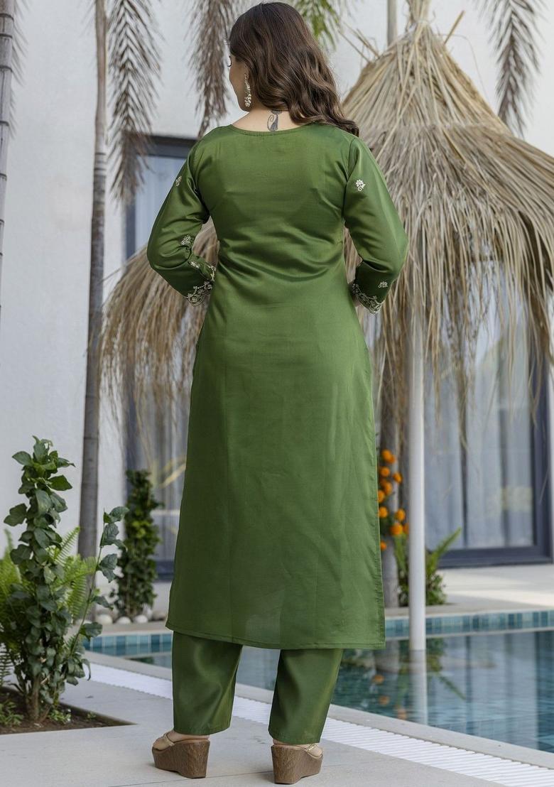Olive Embroidered Silk Kurta Set - Indya