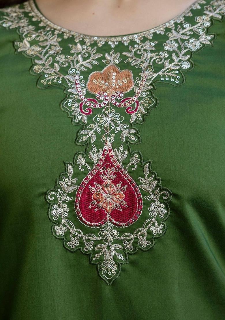 Olive Embroidered Silk Kurta Set - Indya