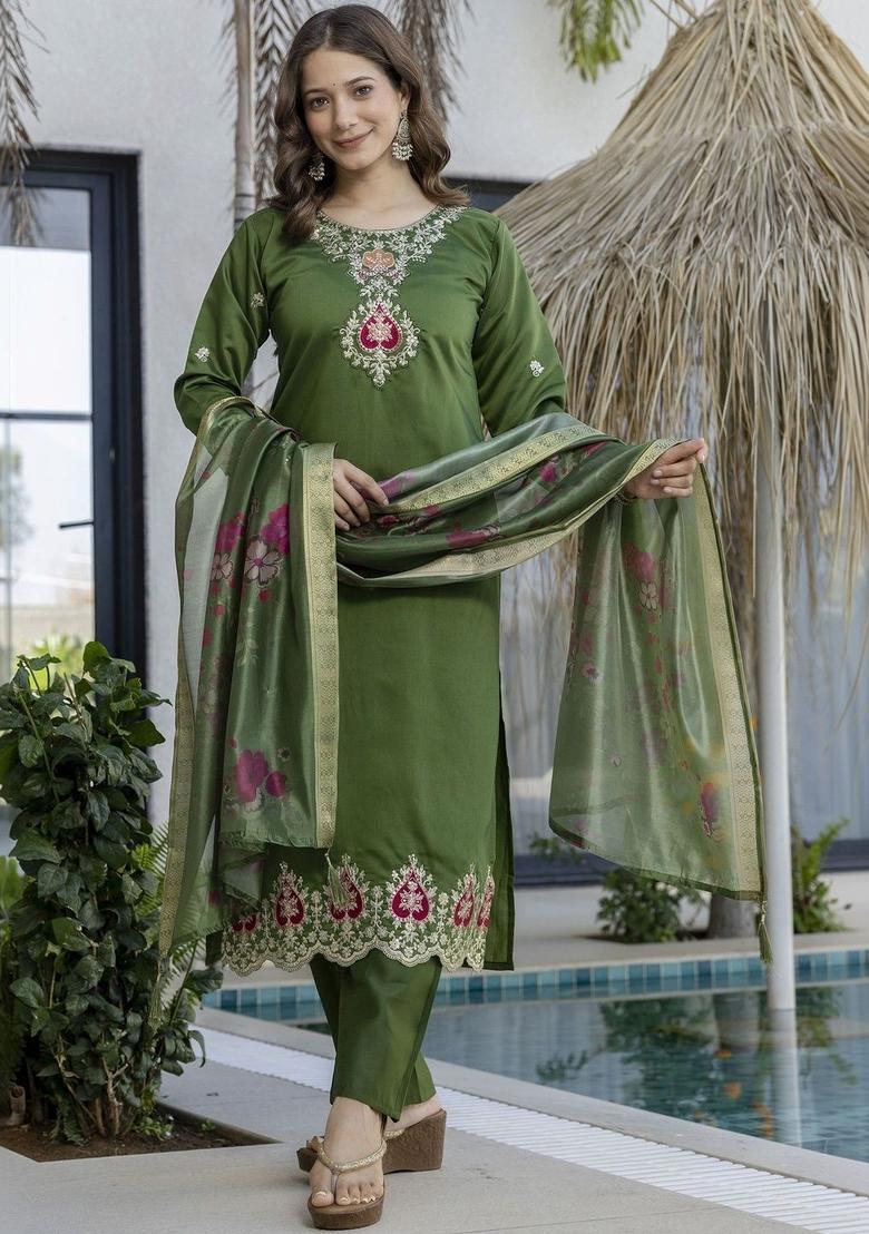 Olive Embroidered Silk Kurta Set - Indya