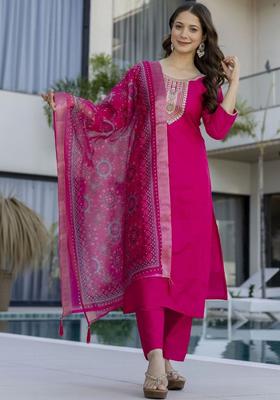 Magenta Embroidered Cotton Kurta Set