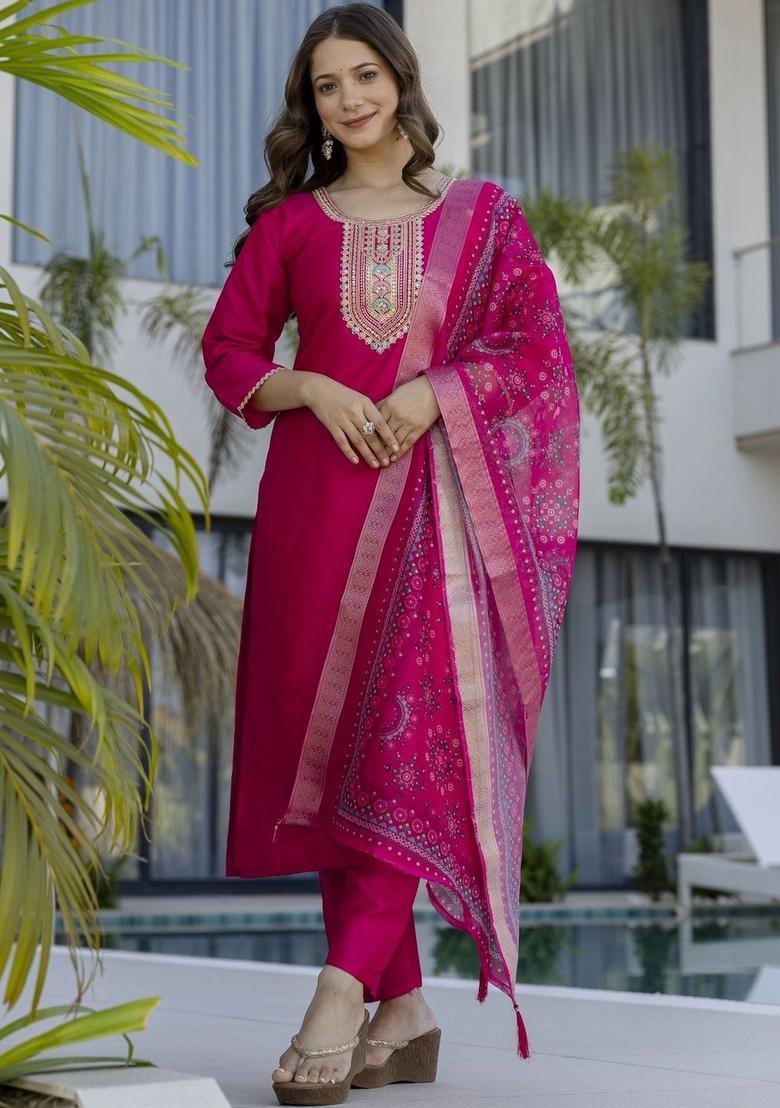 Magenta Embroidered Cotton Kurta Set - Indya