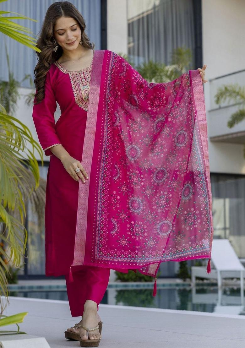 Magenta Embroidered Cotton Kurta Set - Indya