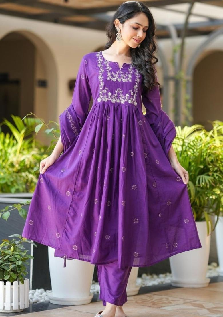 Purple Embroidered Viscose Kurta Set - Indya