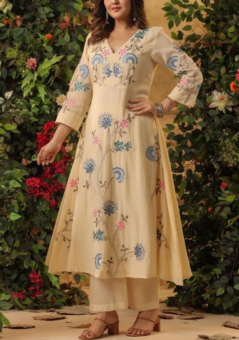 Cream Embroidered Viscose Kurta Set - Indya