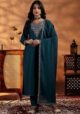 Teal Embroidered Silk Kurta Set