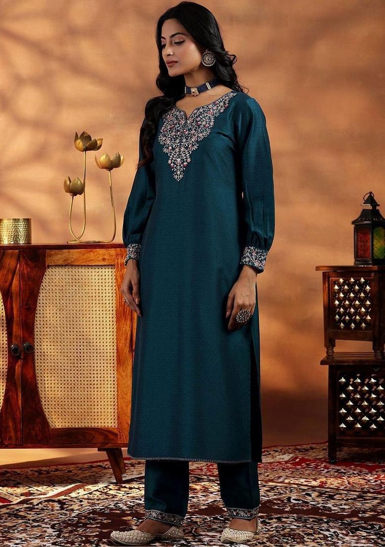 Teal Embroidered Silk Kurta Set - Indya