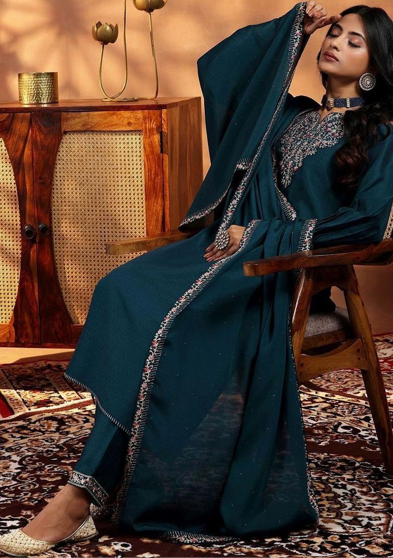 Teal Embroidered Silk Kurta Set - Indya