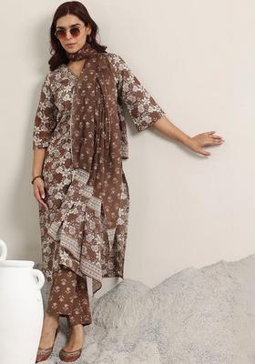 Brown Printed Cotton Kurta Set
