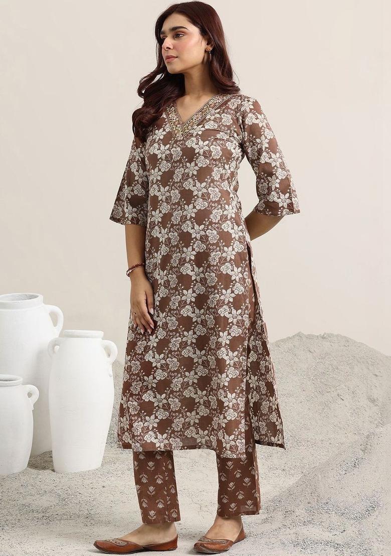 Brown Printed Cotton Kurta Set - Indya