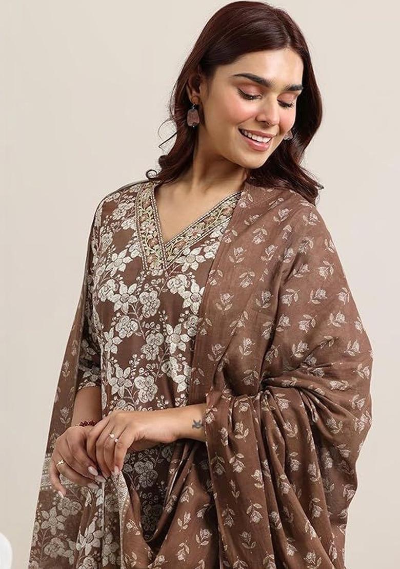 Brown Printed Cotton Kurta Set - Indya