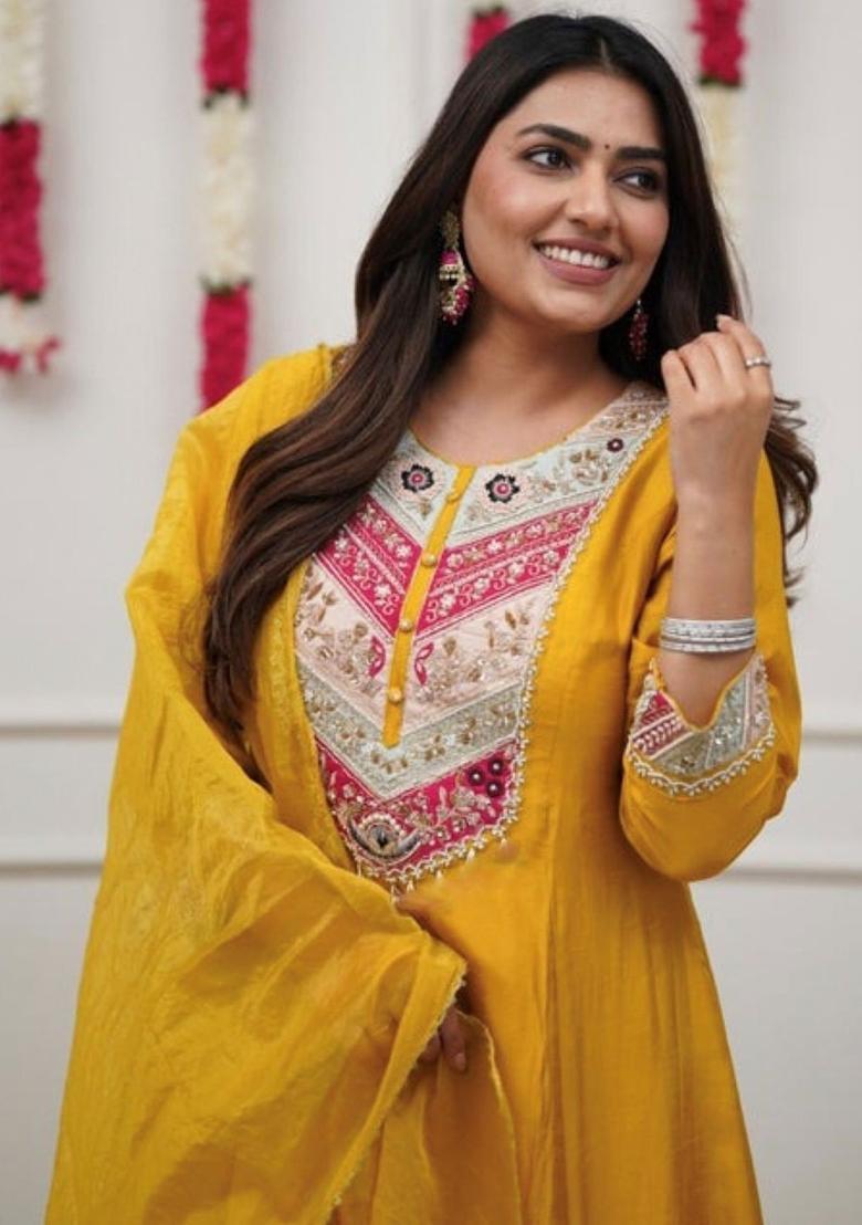 Yellow Embroidered Silk Kurta Set - Indya