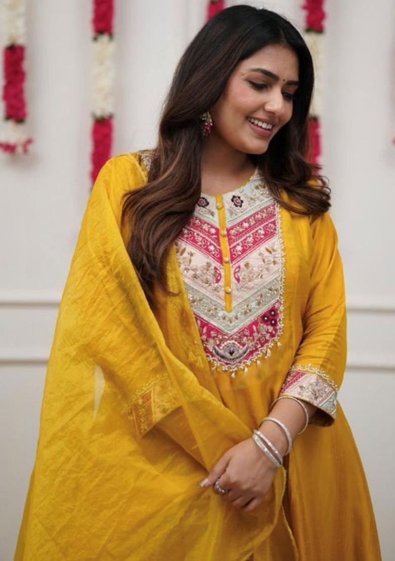 Yellow Embroidered Silk Kurta Set - Indya