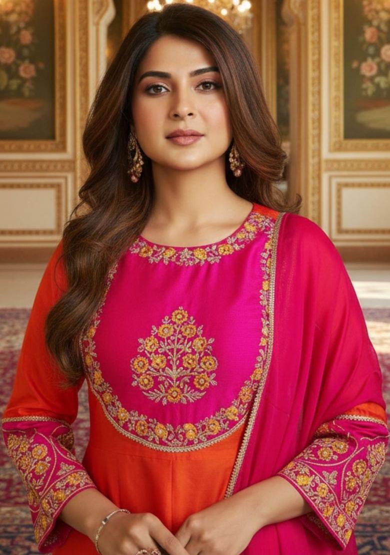 Orange Embroidered Cotton Kurta Set - Indya