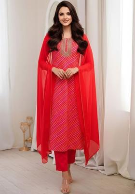 Red Printed Viscose Kurta Set