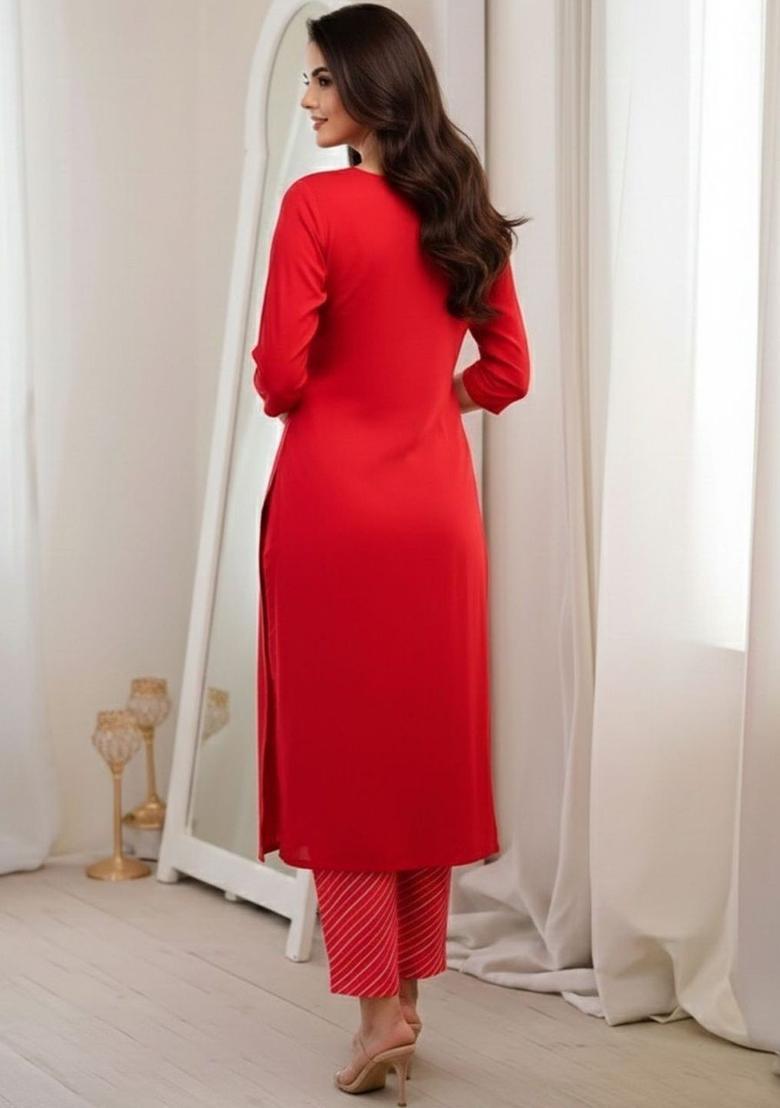 Red Printed Viscose Kurta Set - Indya