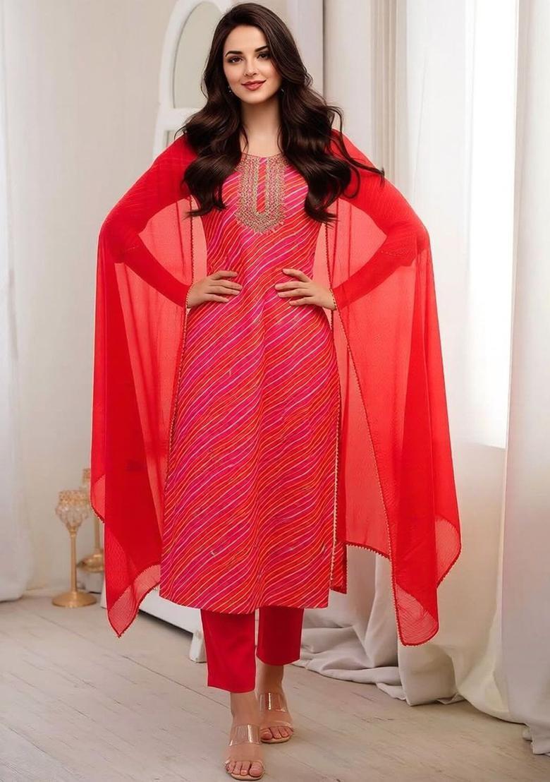 Red Printed Viscose Kurta Set - Indya