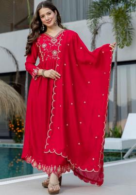 Red Embroidered Silk Kurta Set