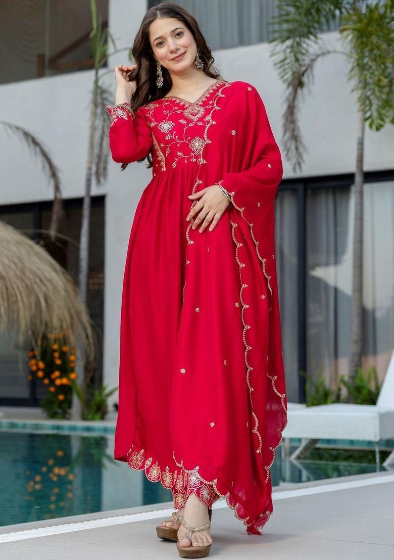 Red Embroidered Silk Kurta Set - Indya