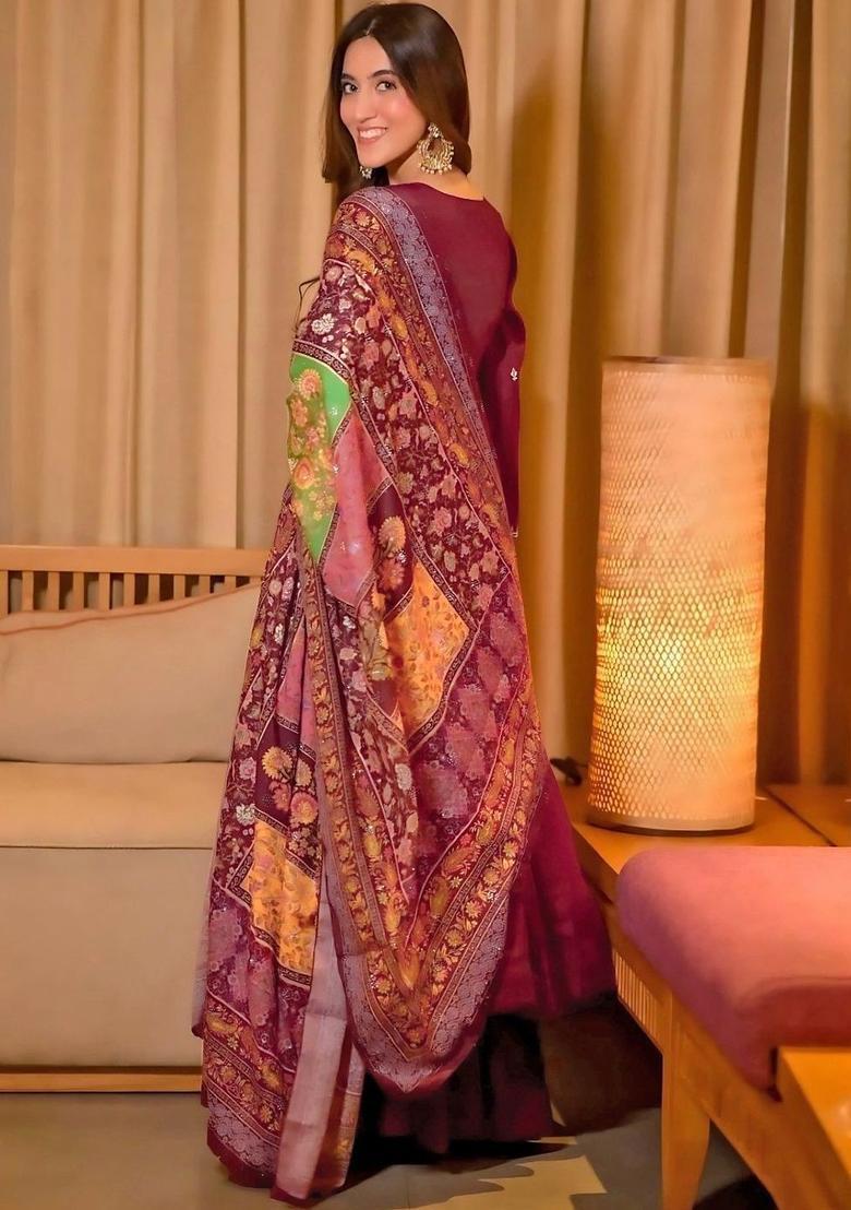 Maroon Embroidered Viscose Kurta Set - Indya