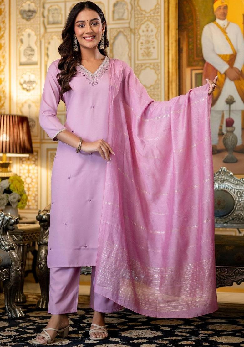 Lavender Embroidered Viscose Kurta Set - Indya