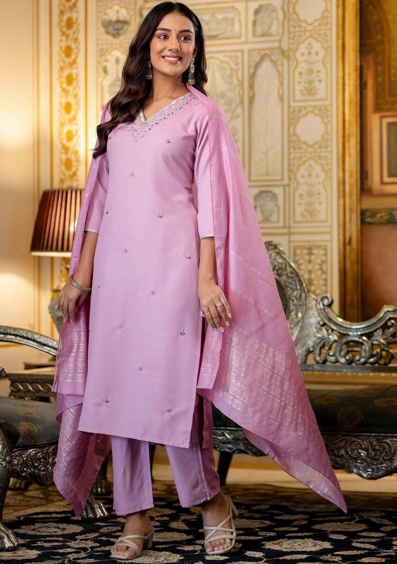 Lavender Embroidered Viscose Kurta Set - Indya