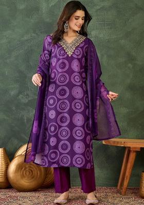 Purple Printed Viscose Kurta Set