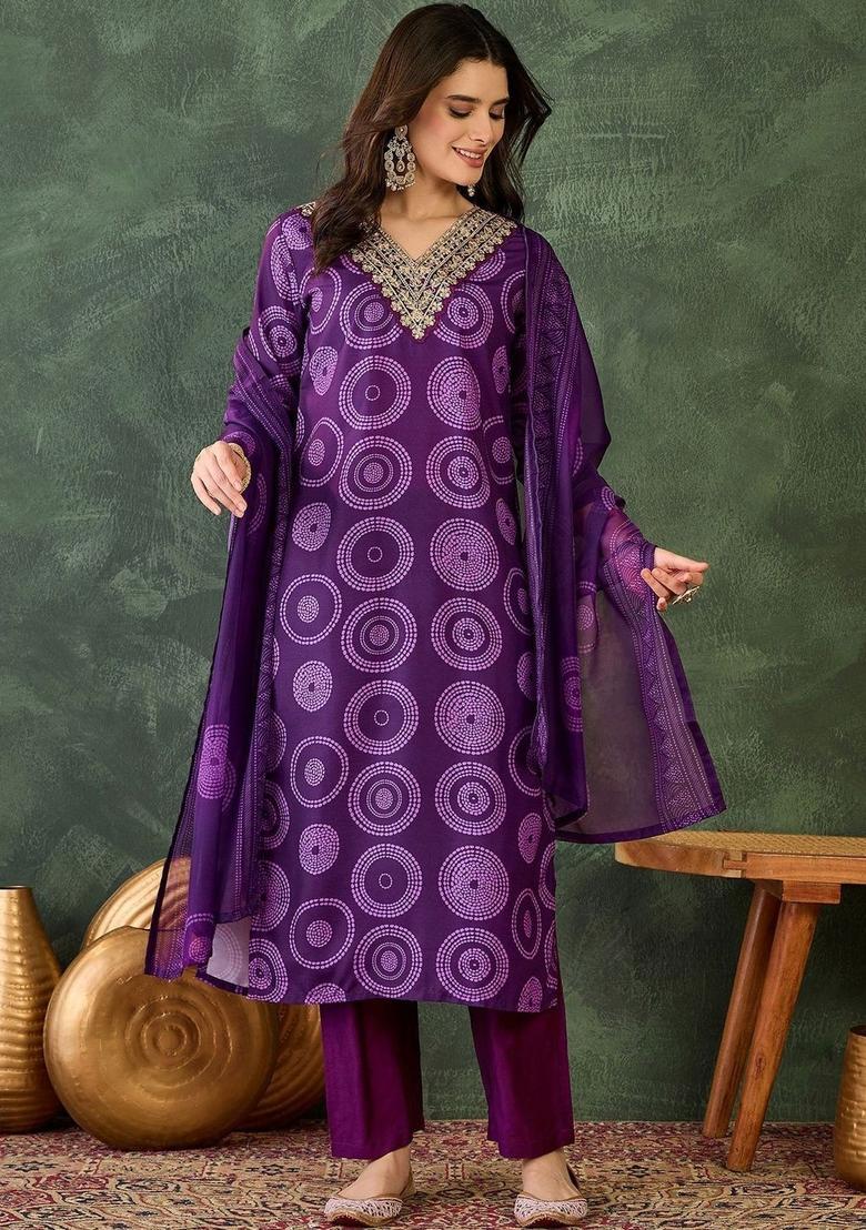 Purple Printed Viscose Kurta Set - Indya