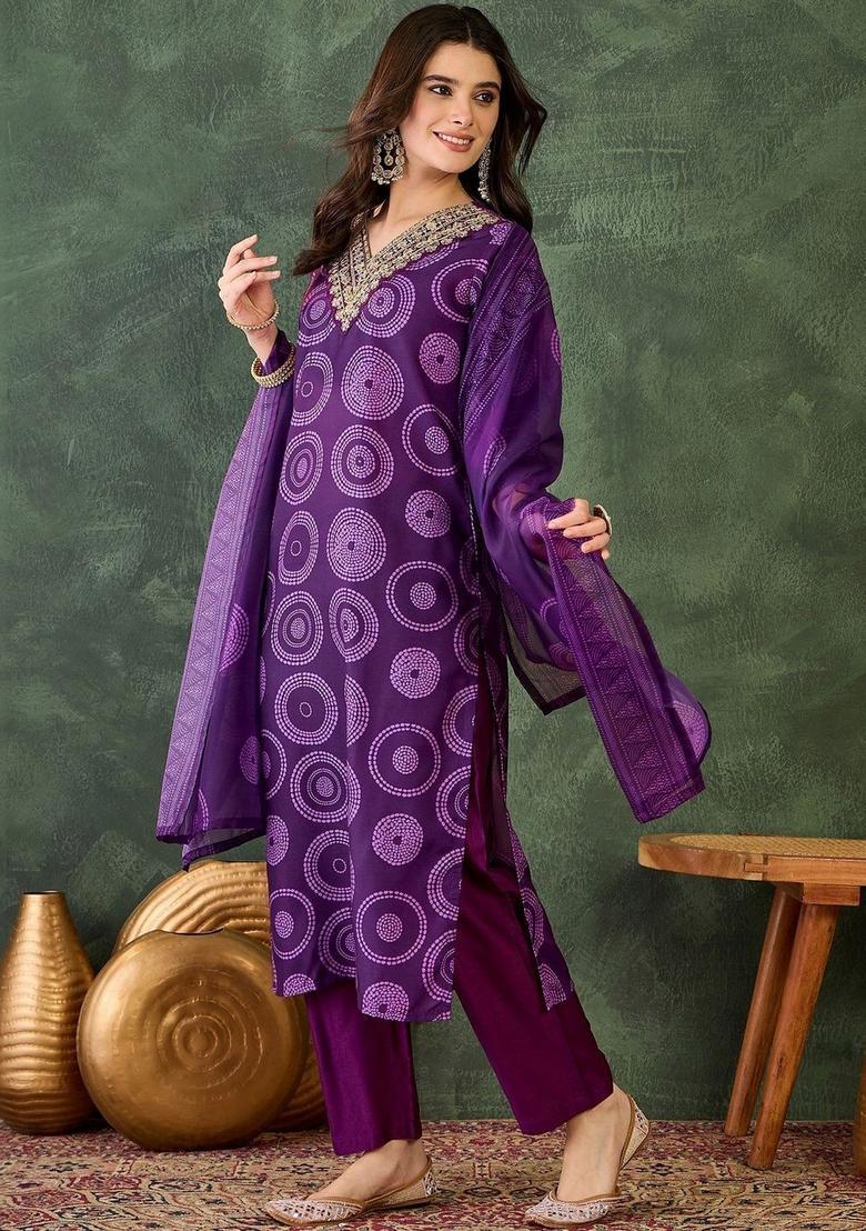 Purple Printed Viscose Kurta Set - Indya