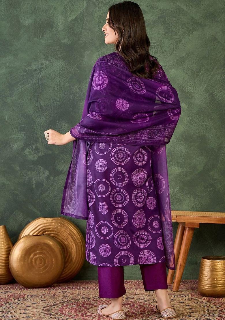 Purple Printed Viscose Kurta Set - Indya