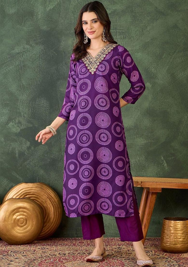 Purple Printed Viscose Kurta Set - Indya