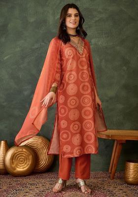 Rust Printed Viscose Kurta Set