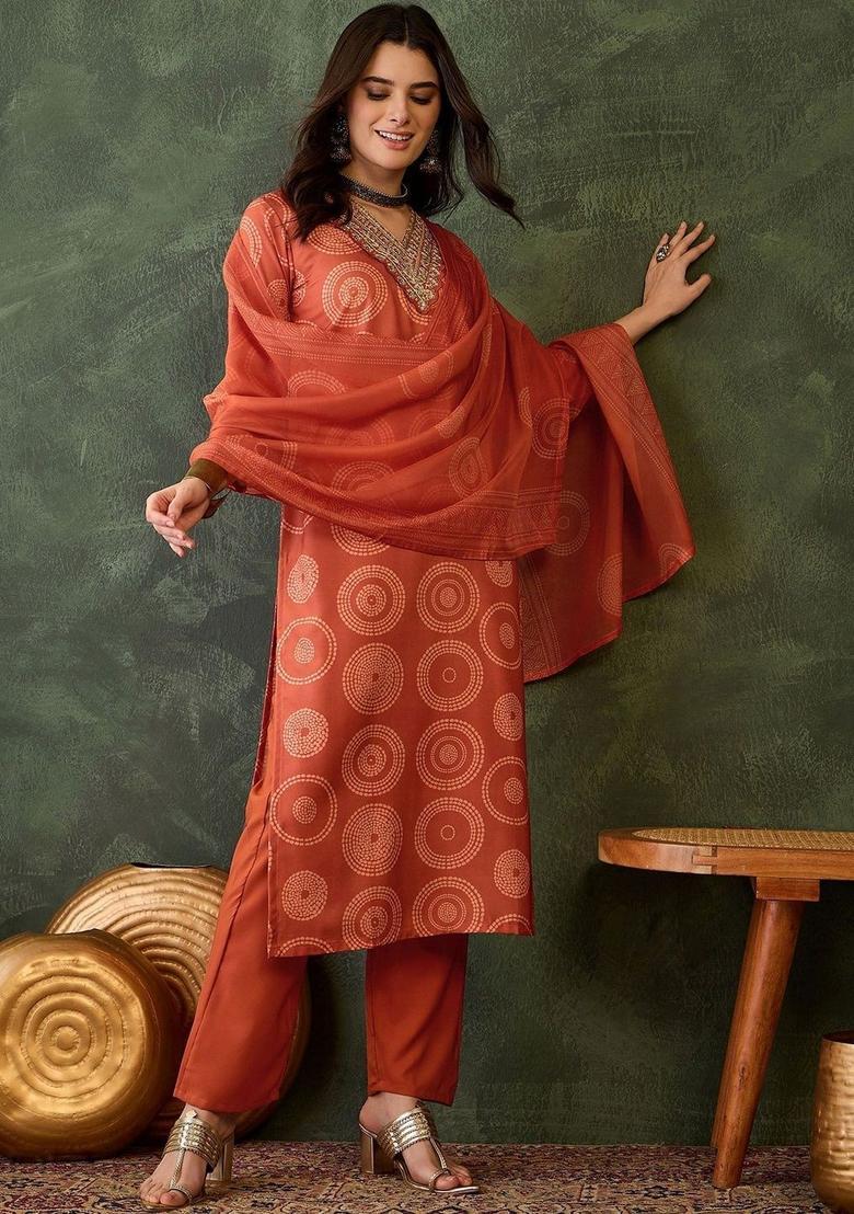 Rust Printed Viscose Kurta Set - Indya