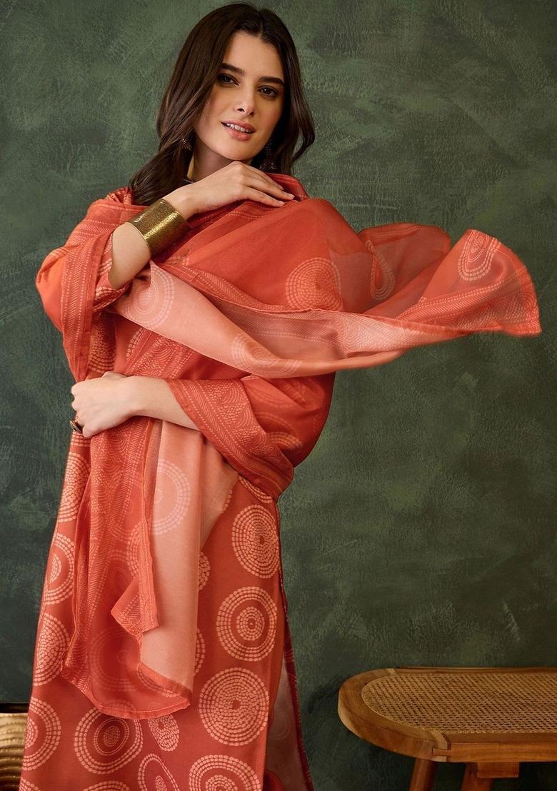 Rust Printed Viscose Kurta Set - Indya