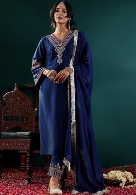 Navy Blue Embroidered Viscose Kurta Set