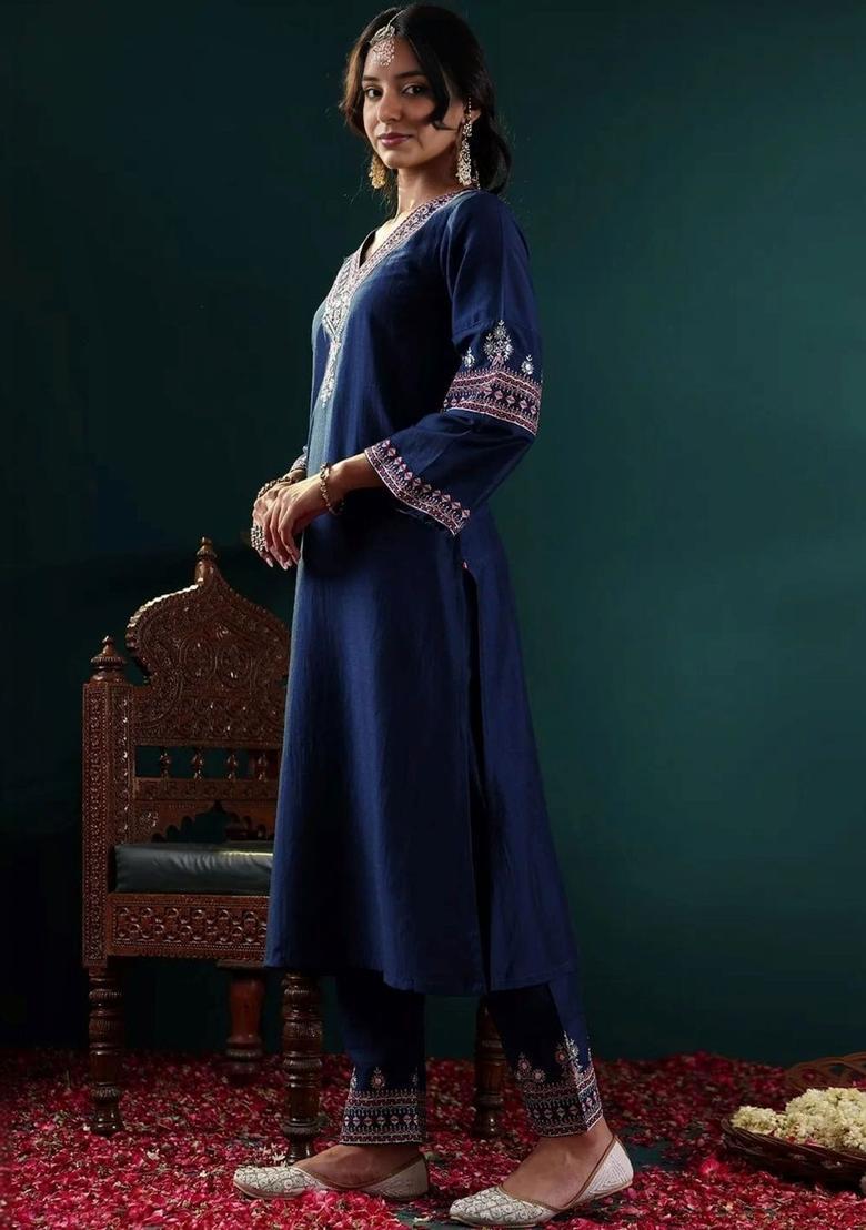 Navy Blue Embroidered Viscose Kurta Set - Indya