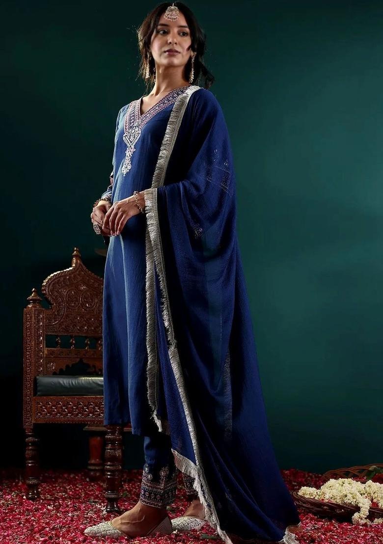 Navy Blue Embroidered Viscose Kurta Set - Indya