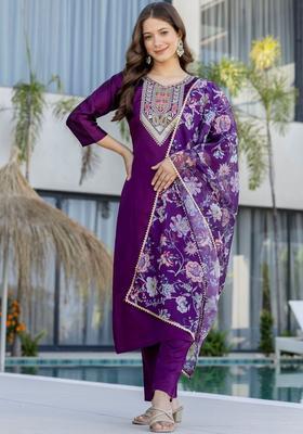 Purple Embroidered Cotton Kurta Set