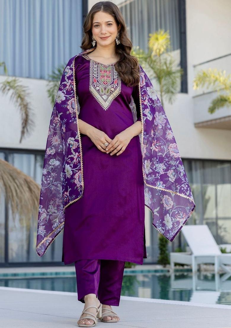 Purple Embroidered Cotton Kurta Set - Indya