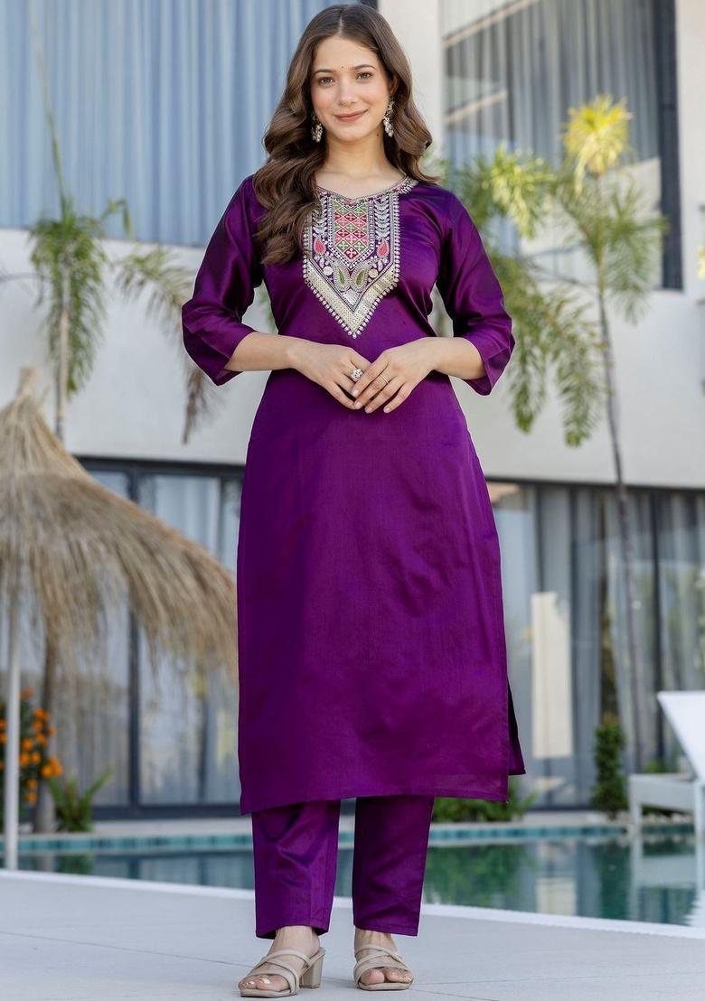 Purple Embroidered Cotton Kurta Set - Indya